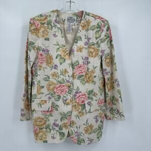 Vintage Arenzano Womens Floral Blazer Size 12 Cottagecore Bloomcore Flax Blend